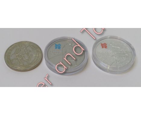 Three 2010 silver coins celebrating the 2012 Olympic games, two with partial enamel decoration, two encapsulated