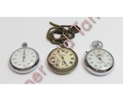 Services Army, a gentleman's open faced metal pocketwatch on a watch chain; with two metal stop watches