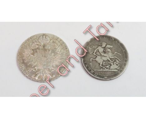 An 1819 George III crown, together with a silver 1780 Maria Theresa Thaler trade coin, inscribed 'BURG CO TYR 1780 X ARCHID A