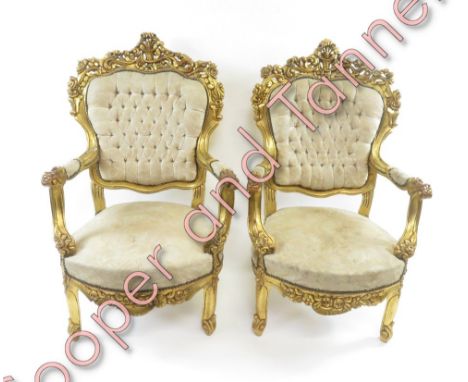 A pair of button back French Baroque style throne chairs