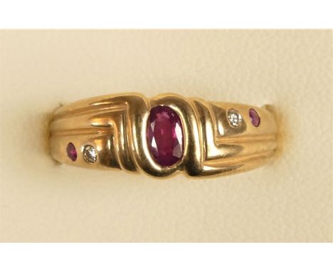 A 9ct gold ruby and diamond dress ring, M, 2.7gm 