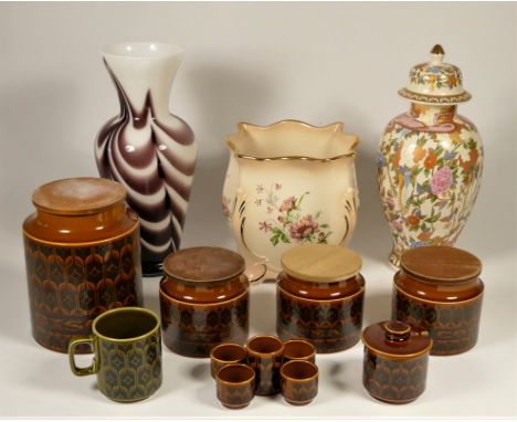A collection of Hornsea heirloom, jars, mugs and egg cups, together with glassware, Royal Daulton ceramics and Aynsley figure