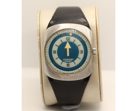 Longines, Comet, ref. 8475, a stainless steel mystery wristwatch, circa 1970, manual wind movement, 17 jewels, cal. 702, blue