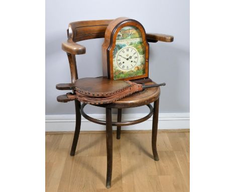 A Czechoslovakian Bentwood arm chair by Fischel with decorated panel seat, markers label to underside, together with a pair o