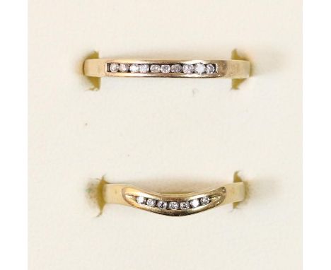 Two 9ct gold diamond rings, channel set with brilliants, R and K, 3.2gm 