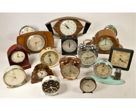 A collection of clocks to include a Swiss silver cased pocket watch, an enamel Smiths alarm clock, Westclox alarm clock, pock