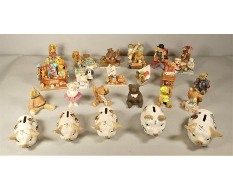 A collection of eighteen Colourbox hand painted ceramic ornaments, together with five mid Century studio pottery pig money ba