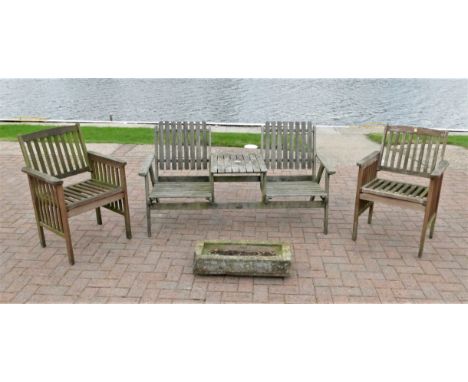 A Cannock hardwood two seater bench with table, 157 x 53 cm, two hardwood chairs and a concrete planter 