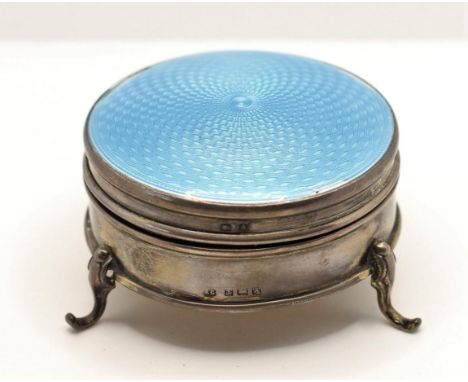 A silver and pale blue guilloche enamel hinged trinket box, Birmingham 1925, diameter 5.5cm 