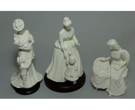 Three Royal Worcester Figures, 'Mothers Love' with wooden display base, together with 'The Christening' by Maureen Halson, li