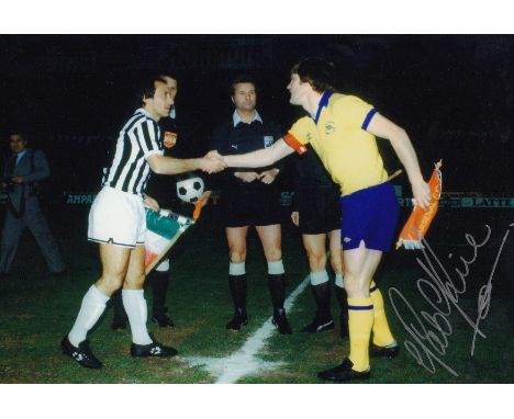 Autographed PAT RICE 12 x 8 photo - Col, depicting the Arsenal captain shaking hands with his counterpart from Juventus Giuse