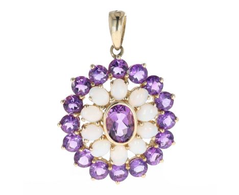 Opal And Amethyst Gold Pendant, stamped 9k. Measures 3cm by 2.2cm. Chain not included. Weighs approximately 3.3g