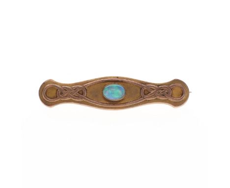 Murrle Bennet And Co Arts And Crafts Opal Gold Brooch, stamped 9ct. Measures 4.5cm by 1cm. Makers mark on pin. Weighs approxi