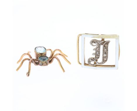 Antique Gold Pendants, one in a spider design and the other with old cut diamonds, tested 9ct. Some damage to the white ename