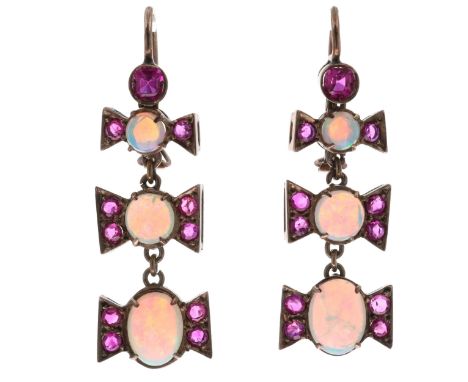 Antique Ruby And Opal Gold Drop Earrings, tested 6ct. Measures 3.5cm drop by 1.2cm at widest point. Weighs approximately 5.9g