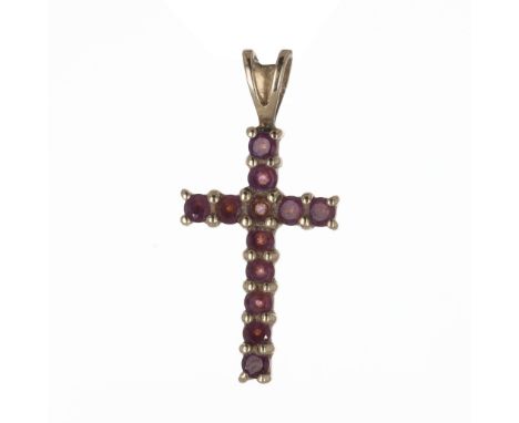 Amethyst Gold Cross Pendant, stamped 375. Measures 2.3cm in length inc. bail. Weighs approximately 0.9g