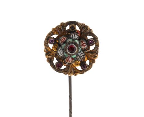 Austro-Hungarian Stone Set Silver Pin, tested silver. Pin is base metal, a previous conversion. Some minor damage to the enam