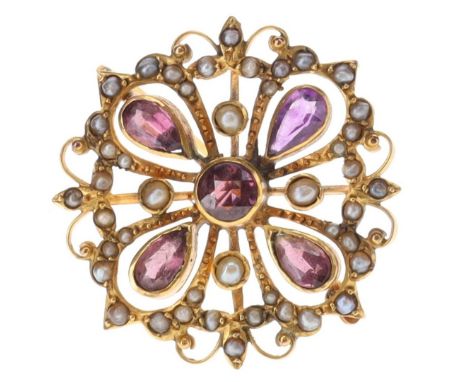 Pearl, Amethyst And Paste Gold Brooch, stamped 9ct. Measures 3cm in diameter. Some surface wear to facet edges of stones. Wei