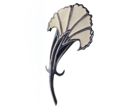 Givenchy Silver Tone Enamel Floral Brooch, signed. Measures 11.1cm in length. Some cracking to the plate on stem. Weighs appr