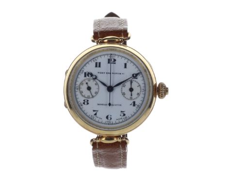 West End Watch Co - 18ct Gold Mono Pusher Chronograph Watch.Hand-wind mono pusher chronograph movement. 18ct gold case with b