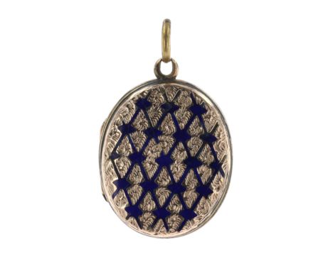 Antique Gold Back And Front Enamel Locket with Etched Design, tested 375. Measures 3cm by 2cm inc. bail. One internal glass p
