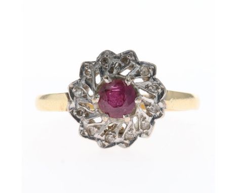 Diamond And Ruby Gold Ring, stamped 18ct. Ring size UK P. Weighs approximately 3.5g