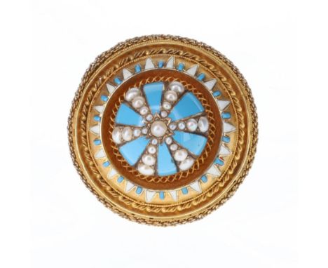 Victorian Enamel And Pearl Gold Mourning Brooch, tested 18ct. There is an area of dremel damage to the reverse and some minor