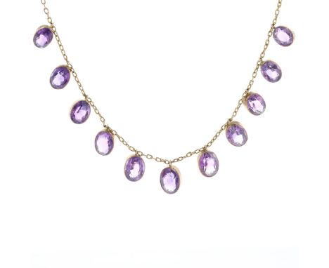 Amethyst Drop Gold Necklace, tested 9ct. The clasp has been previously replaced with a base metal fitting. Measures 42cm in l
