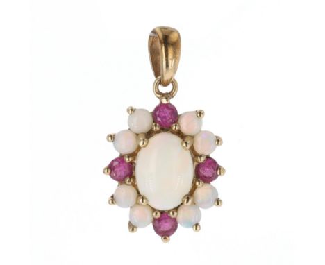 Garnet And Opal Gold Pendant, stamped 375. Measures 2cm in length, chain not included. Weighs approximately 1.5g