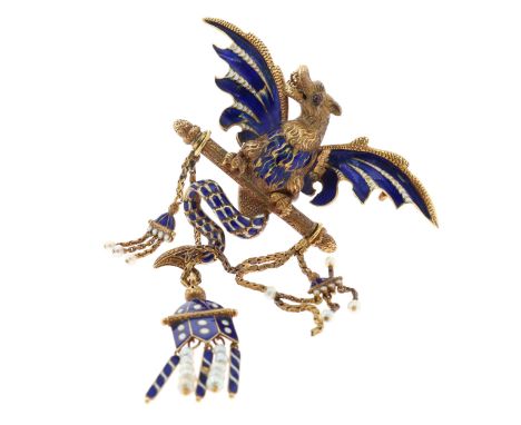 19th Century Enamel Pearl And Garnet Gold Dragon Brooch, tested 18ct. The left tassel is missing a pearl drop and the central