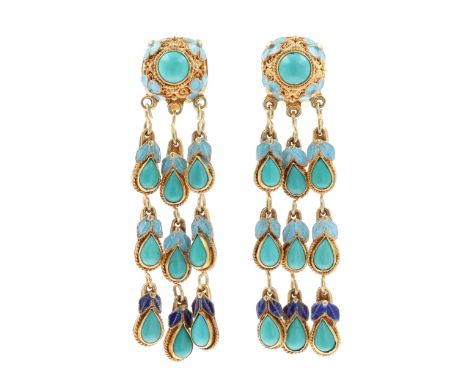 Turquoise And Enamel Silver Gilt Clip On Earrings, stamped 925 silver. Measure 5cm in length. Weighs approximately 11.5g