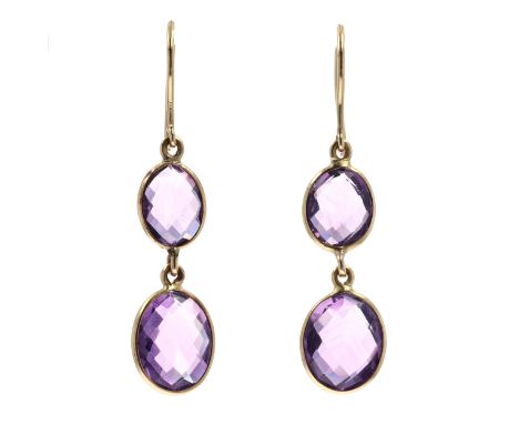 Amethyst Gold Drop Earrings, stamped 375. Measures 4.3cm drop. Weighs approximately 3.7g
