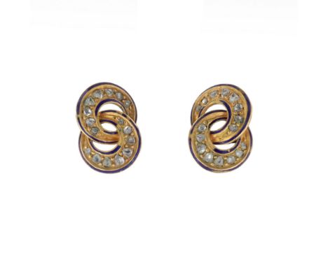 Old Cut Diamond And Enamel Gold Earring Conversions, tested 9ct. Some areas of enamel damage, later conversions. Measures 1.5