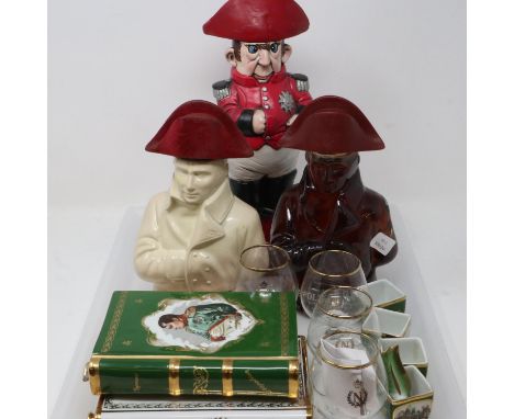 Napoleonic Wars: Napoleon Brandy ceramic and glass decanters, with four cognac glasses. UK P&amp;P Group 3 (£30+VAT for the f