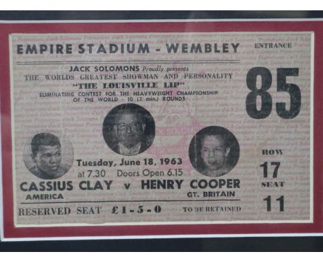 Framed ticket for Cassius Clay V Henry Cooper, June 1963. UK P&amp;P Group 1 (£16+VAT for the first lot and £2+VAT for subseq