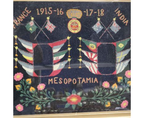 Royal Welsh Fusiliers WWI embroidered panel, naming France, India and Mesopotamia, within a gilt frame. Not available for in-