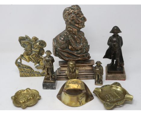 Napoleonic Wars: brass and cast metal figures, ashtrays and other collectables, including a large side profile of Wellington,