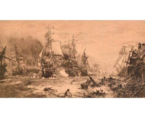 William Lionel Wyllie (1851-1931), HMS Victory at the battle of Trafalgar, etching, signed in pencil, plate size 18" x 30" (4