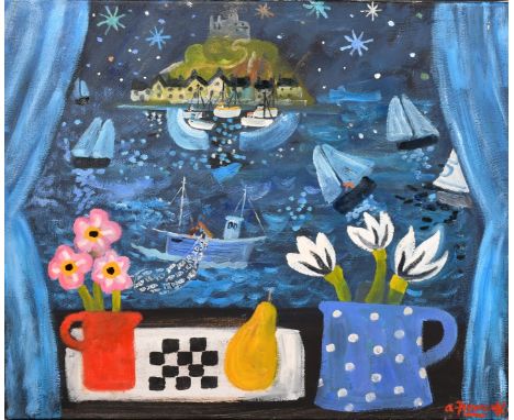 Alan Furneaux (b. 1953), a still life of flowers with a moonlit view of St, Michaels's Mount beyond, oil on canvas, signed, 2