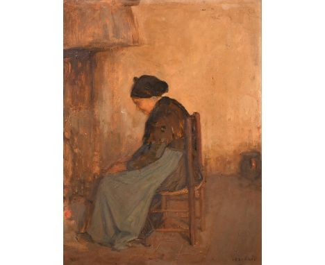 Maurice Vergeaud (19th/20th Century), a female figure sitting in a chair by a fire, oil on panel, signed, 14" x 11" (36 x 28c