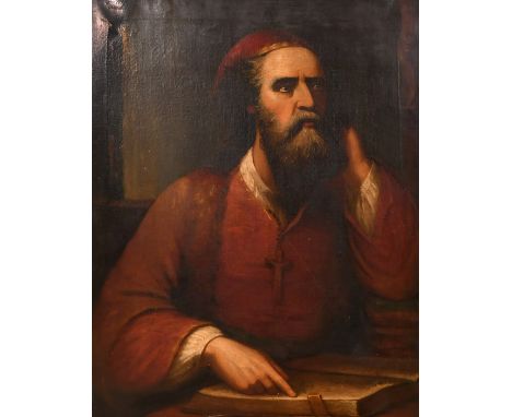 L.  Spencer, Crica 1865 (possibly Lily Spencer, American School), a half-length portrait of a holy man pointing to a page on 