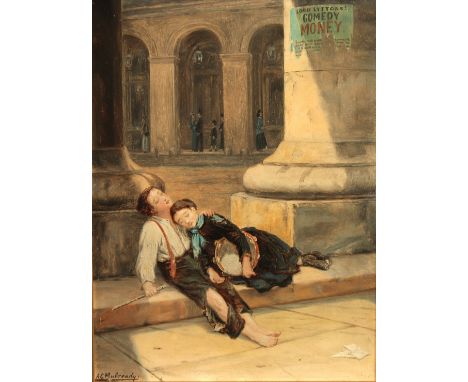 Augustus Edwin Mulready (1844-1903), impoverished child street performers asleep on the stone steps of a theatre building, oi