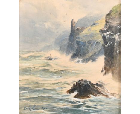 Thomas Swift Hutton (1860-1935), a rocky coastal scene with stormy seas, watercolour, signed and dated 1900, 9.5" x 8.5" (24 