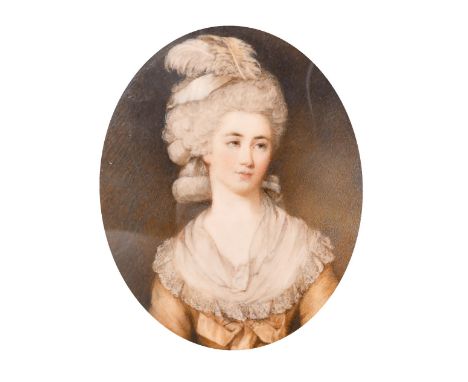 Attributed to James Nixon (1741-1812), a miniature portrait of an elegant young lady with feathers in her hair, watercolour o