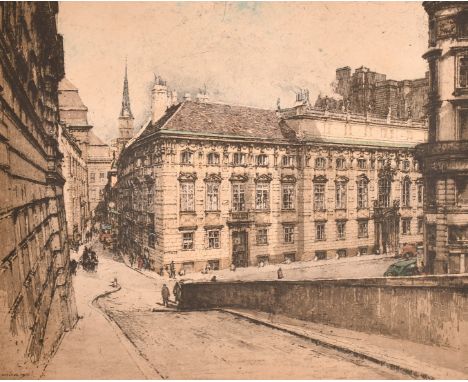 Luigi Kasimir (1881-1962), a Vienna street scene, etching and aquatint, signed in pencil, 15" x 18" (38 x 46cm), unframed.