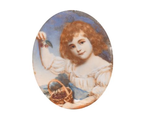 Peter (Possibly Emanuel Thomas Peter), 19th Century, a miniature portrait of a girl in a blue sash holding some cherries, wat