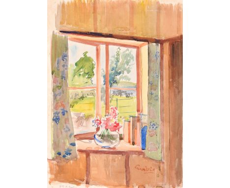 William Crosbie (1915-1999),  a still life of flowers in a glass vase by an open window, watercolour, signed, 15.75" x 11.5" 