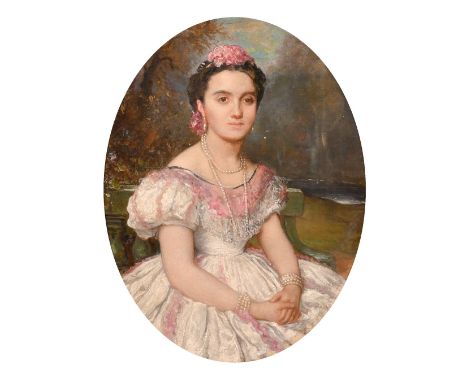 19th Century Continental School, a portrait of a seated female figure wearing pearls with a landscape view beyond, oil on can