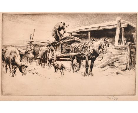 George Soper (1870-1942), farmer on a cart in a farmyard, etching, signed in pencil, plate size 7.75" x 11.5" (20 x 29cm).