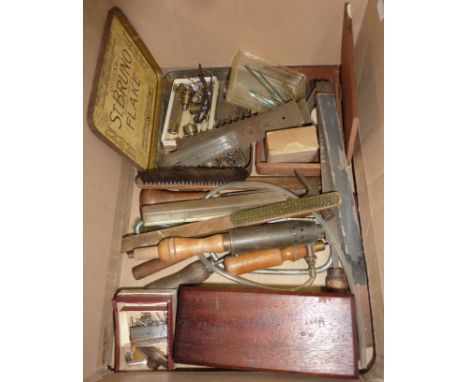 Large selection of various assorted watch and clock makers tools and accessories in three boxes including hand tools, parts, 
